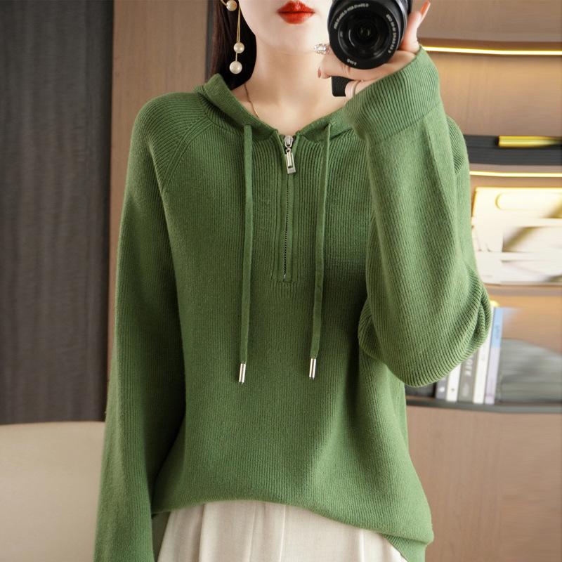 Hooded Solid Color Semi-new Drawstring Sweater Zipper Casual Loose Women's Pullover Andy Velvet Long-sleeved Bottoming Top