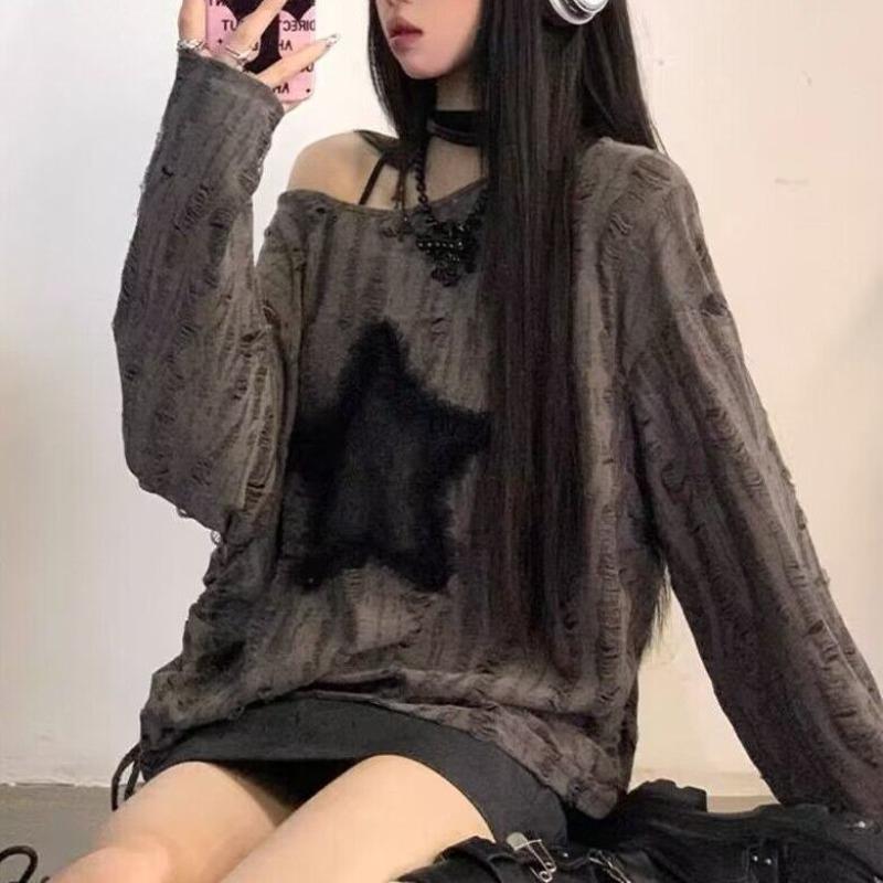New Lazy Star Lace Long Sleeve Shirt Loose and Skinny Drawstring Ripped Sweet Cool Bottom Shirt Top