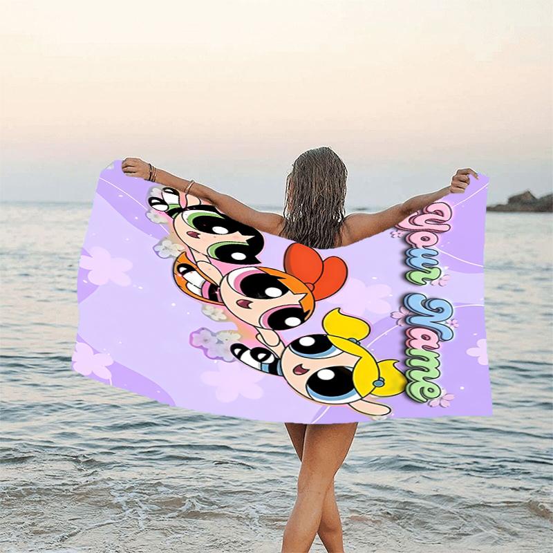 1pc Powerpuff Beach Towel with Custom Name, Beach and Seaside Swimming Pool Equipment, Fashion Pattern, Rectangular, Travel Essential