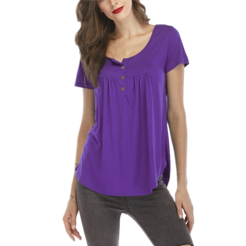 Women Multicolor V Neck Button Decor Short Sleeve Pleated Loose Tunic Blouse