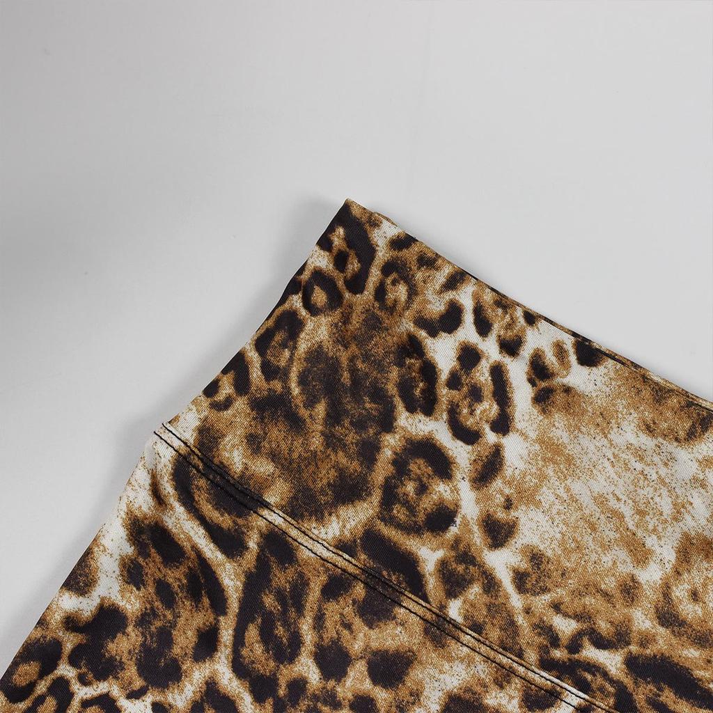 European & American Leopard Print Lace-up Halter Backless Top and Slim Long Pants Set