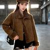Retro Coffee Lamb Wool Jacket with Fur Lining – Trendy, Warm Top for Petite Sizes