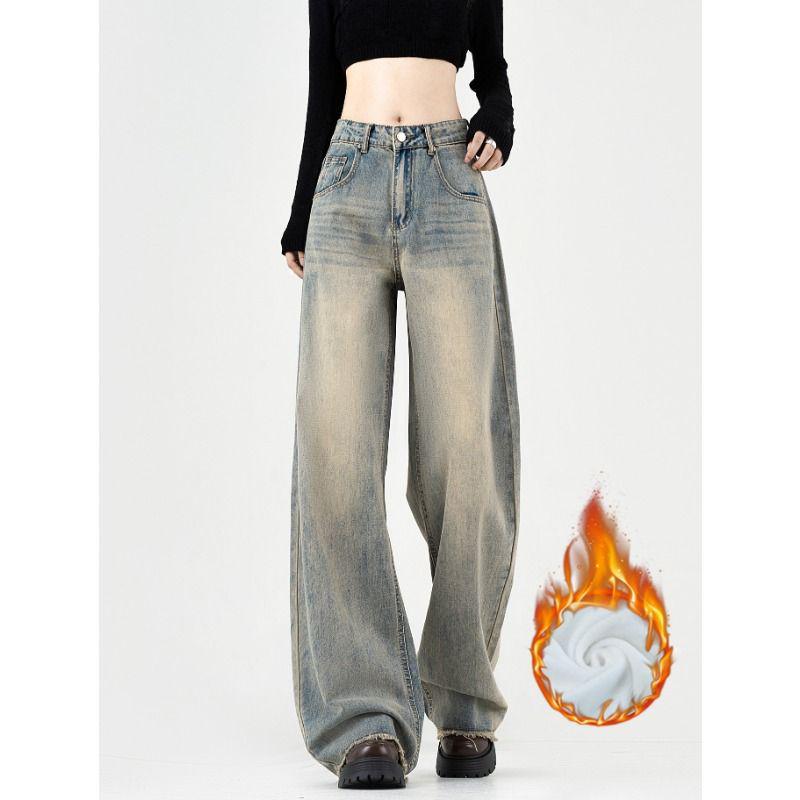 

Women s High Waist Vintage Denim Jeans - Autumn/Winter Plus Velvet, Slimming Loose Fit, Wide, and Straight-Leg Design S