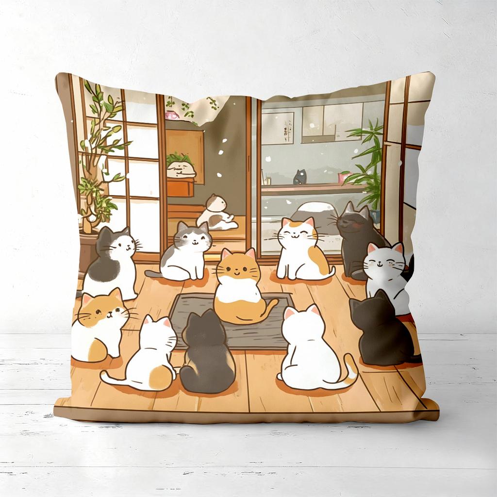 Cute Cat Pillow Covers With Food And Home Scenes Polyester Pillowcase, Sofa Decorative Cushion Cov Headboard Pillow