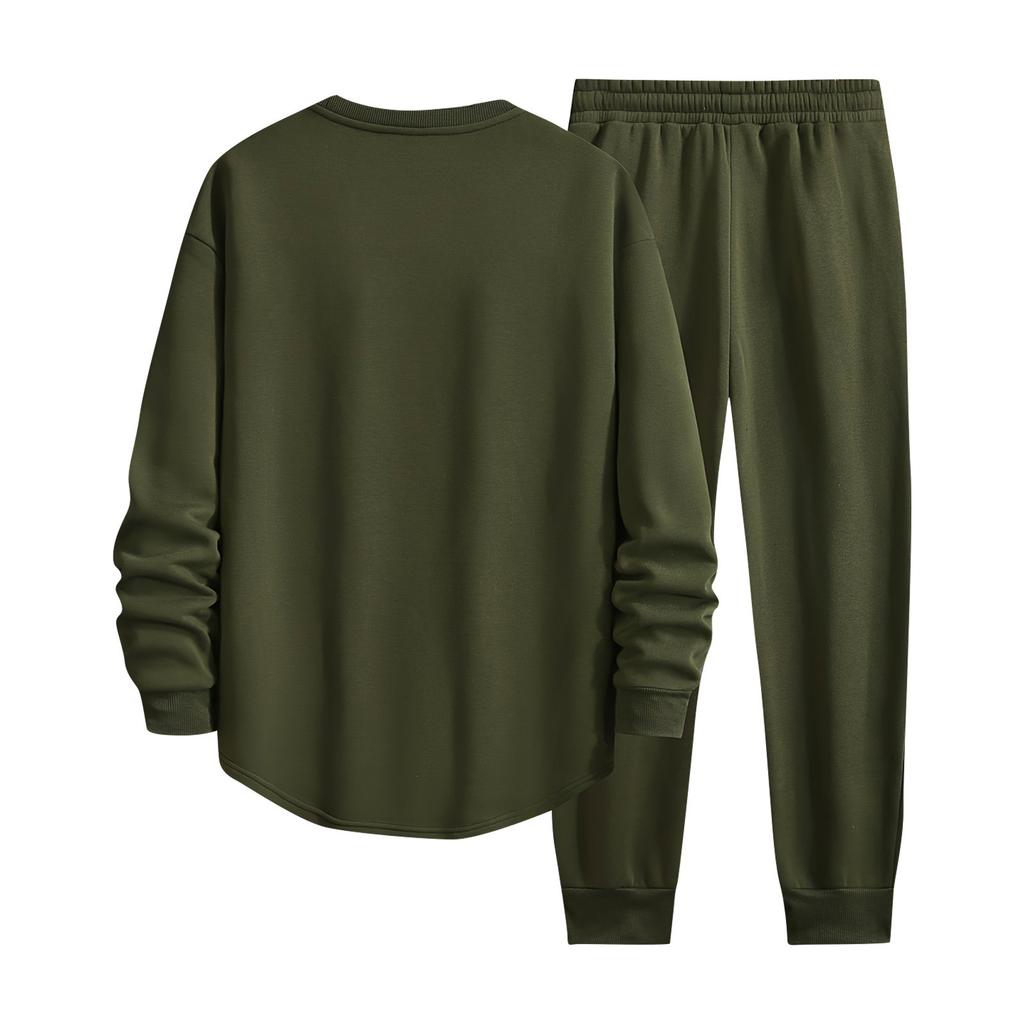 Men's Solid Color Round Neck Suit Casual Sports Long Sleeve Trousers Two Piece Suit