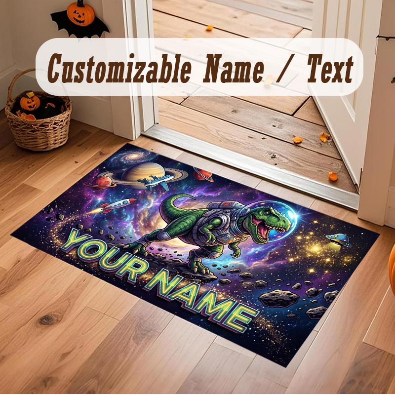 Dinosaur Theme Soft Crystal Velvet Rug Custom Name & Text Print Non Slip Floor Rug for Bedroom Living Room