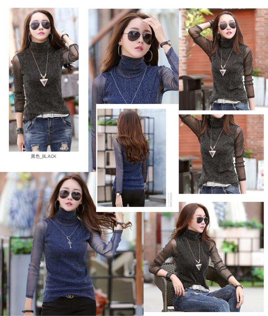 High Neck Stretch Long Sleeve Cut and Elastic C&CL Women's See-Through Shirt, Top, Sewn, Casual, Spring/Autumn Wear, (JP, Alphabet, M, Black)