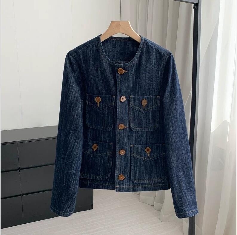 Retro Denim Jacket: Spring 2026 Arrival - Original Color, Round Neck, Patch Pocket, Set-in Shoulder, Mall Style.