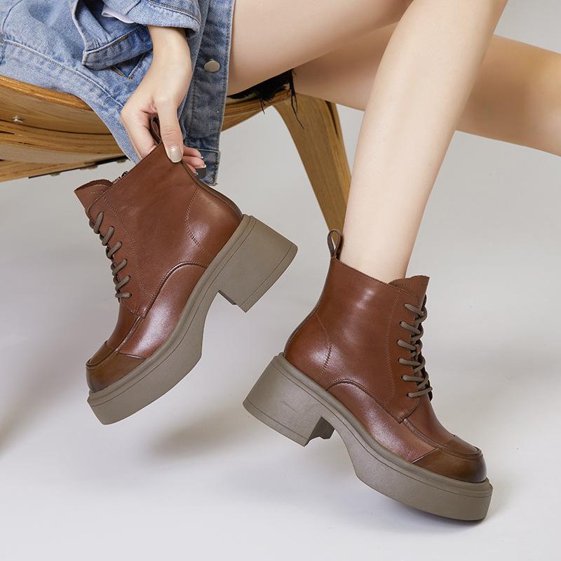 Leather Martin Boots Women's 2025 Autumn and Winter New Thick-soled Versatile Short Boots Fleece Warm Black Retro Boots Medium Tube