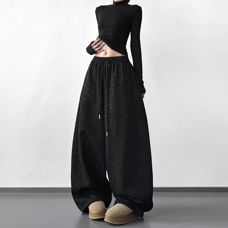 Women s Black Velvet Wide-Leg Pants - High-Waisted, Slimming & Loose Fit, 2025 Autumn/Winter Collection. Medium