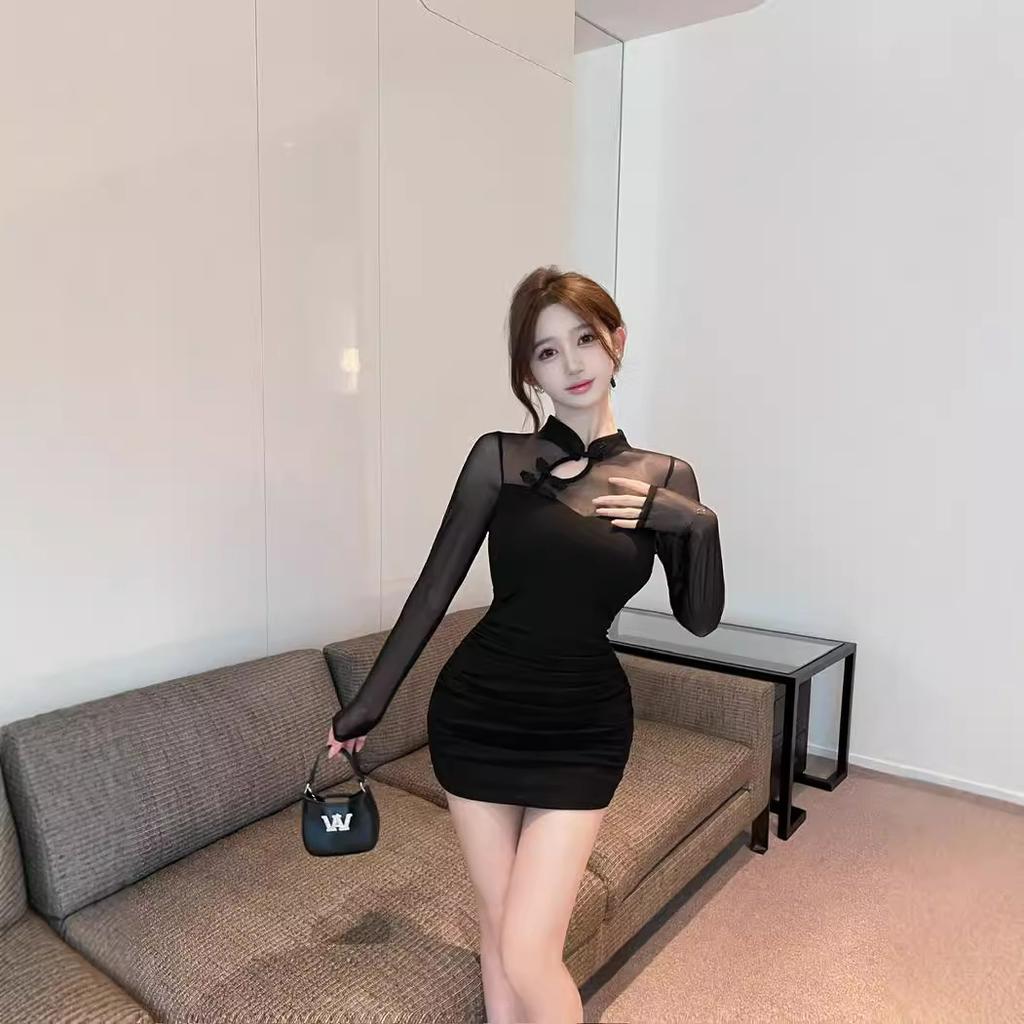 Celebrity long-sleeved mesh stitching low-cut sexy black primer dress tight hip-wrapped short skirt clothes autumn