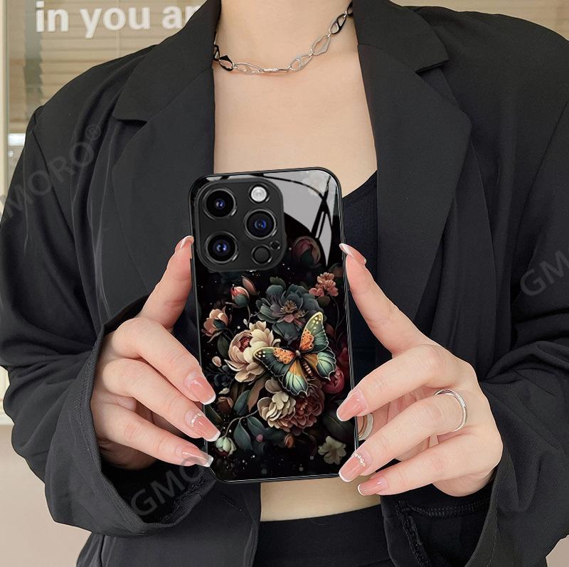 Light Luxury Retro Oil Painting Flower Butterfly Apple 16e Mobile Phone Case Glass iPhone17pro Hard Case Protective Case