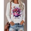 Womens Loose Fit Long Sleeve Round Neck Tee With 3D Peacock Cat Print - Milk Silk Fabric 2025 Casual Top