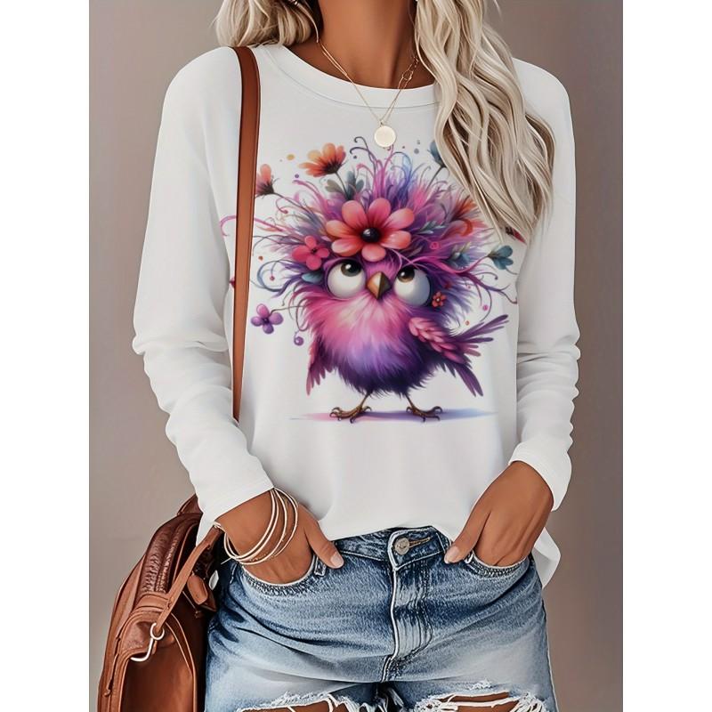 Womens Loose Fit Long Sleeve Round Neck Tee With 3D Peacock Cat Print - Milk Silk Fabric 2025 Casual Top