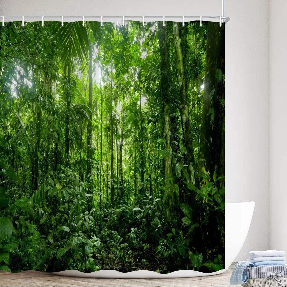 Tropischer Regenwald Duschvorhänge Waldpflanzen Rustikale Naturlandschaft Badevorhang Gartenwandbehang Badezimmer Dekor Haken