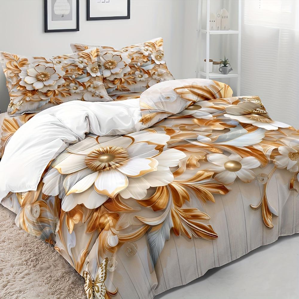 

3Pcs Elegant Floral Duvet Cover Set 3D Golden Embroidery Breathable Polyester Bedding Zipper Closure Duvet Cover Set&EU Single(135x200cm)