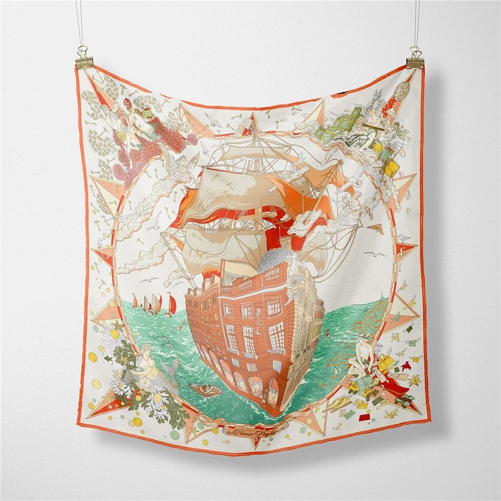 French 53cm New Dream Sailboat Women Twill Silk Scarf Versatile Decorative Square Necktie Small Scarf