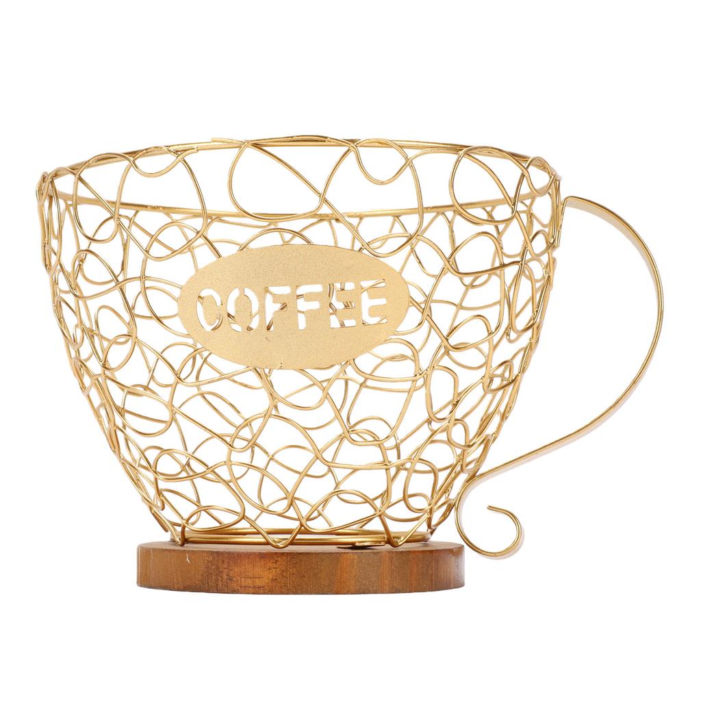 Coffee Pod Holder   Metal Coffee Capsule Storage Basket with Wood Base for Kitchen Countertop