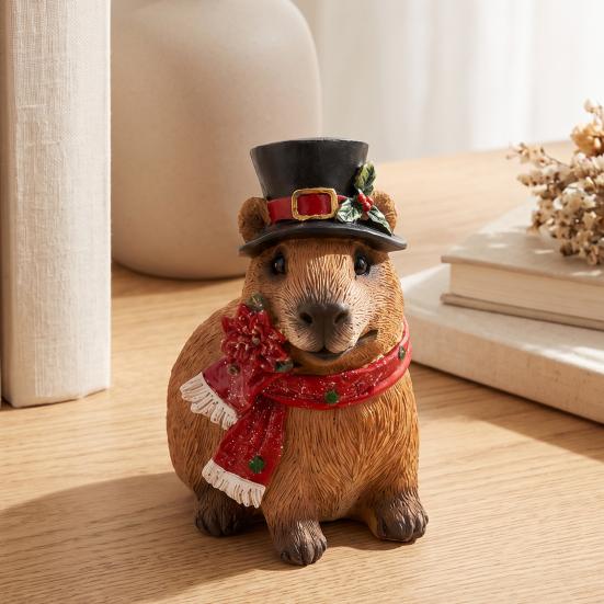 Whimsical Animal Ornaments for Courtyard Christmas Capybara Resin Figurine, Statue with Santa Hat Scarf Wreath, Artistic Crafts Windowsill