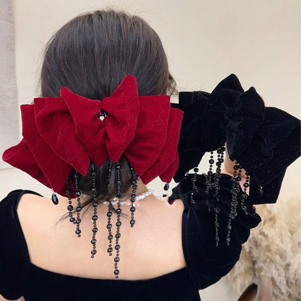 Tassel Velvet Bow Hair Clip Cloth New Year Headwear Elegant Bowknot Spring Clip  Ponytail Holder
