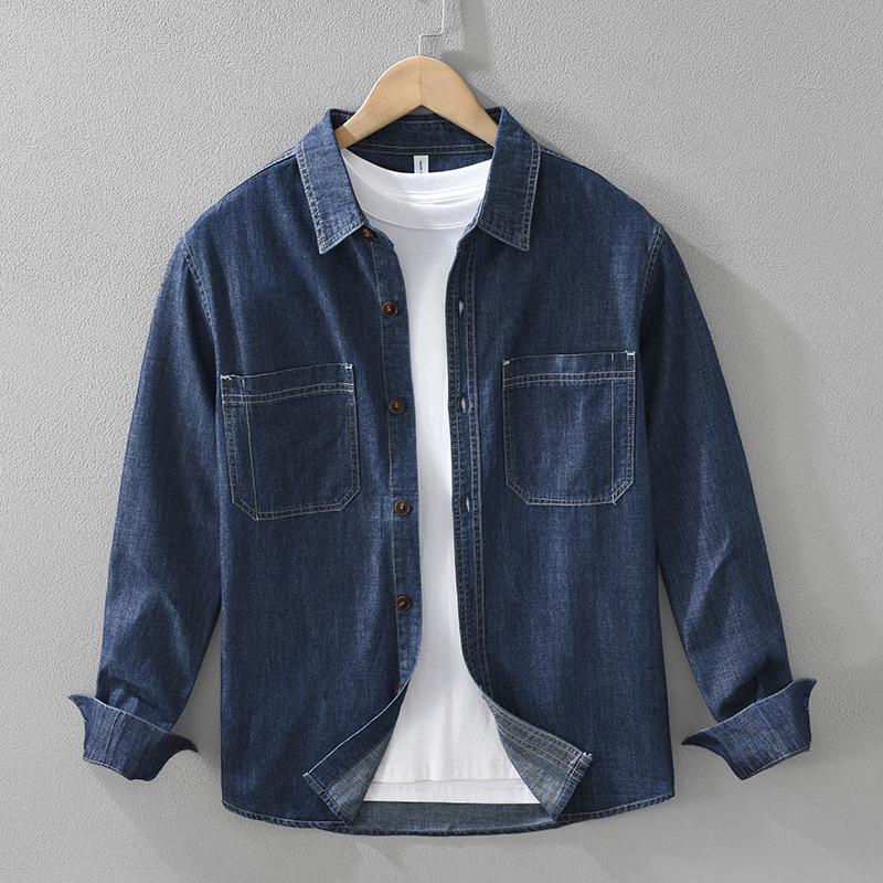 

Korean Retro Style Long Sleeve Blue Denim Shirt Men Spring/Autumn Slim Fit Mens Jean Shirt Lapel Collar 2 Pockets Cowboy Casual Tops XXXL темно-синього кольору