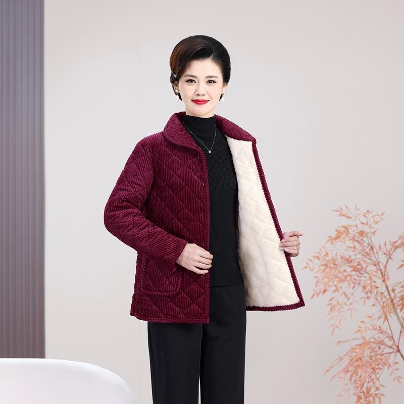 Stylish Loose Plus Size Fleece-Lined Corduroy Jacket for Middle-Aged and Elderly Women