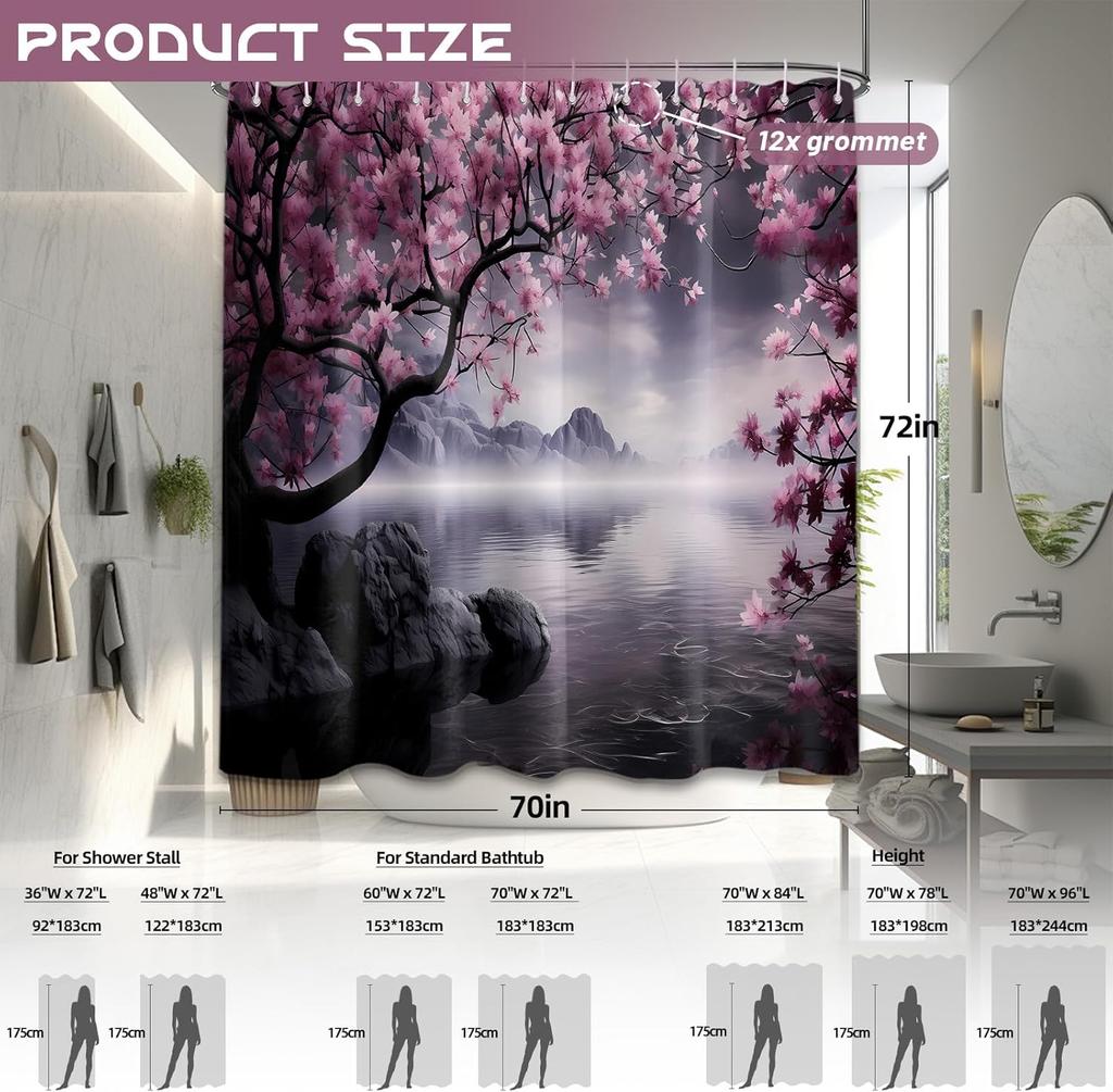 Japanese Shower Curtain Asian Cherry Blossom Bathroom Decor Mountain Bath Curtain, Waterproof Cloth Fabric With Hooks