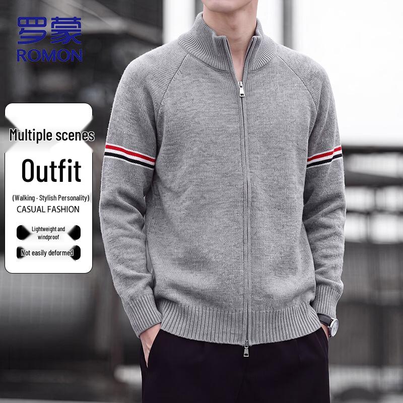 ROMON Men's Stand Collar Zipper Cardigan Sweater