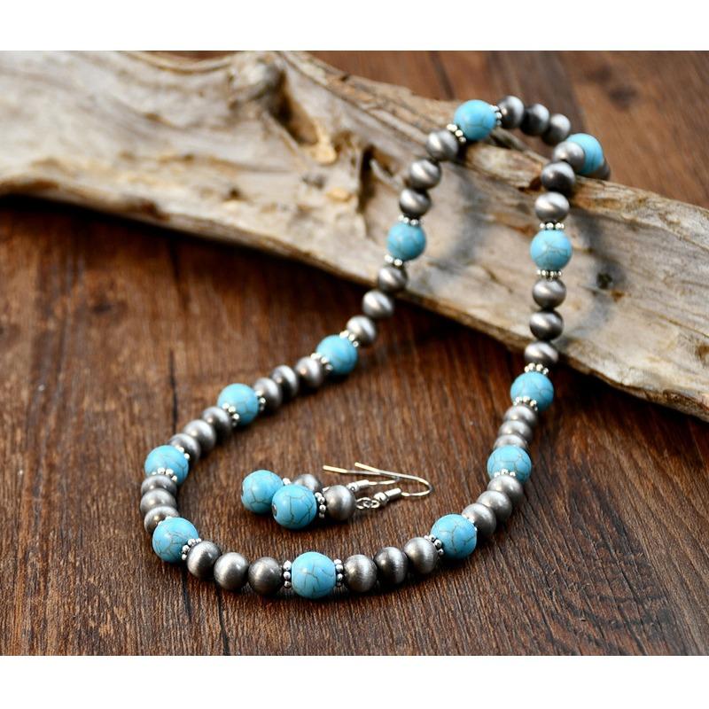 GemChic Women's New Vintage Turquoise Beads Chain Necklace Earrings Two Piece Set Ethnic Birthday Christmas Jewelry Gift