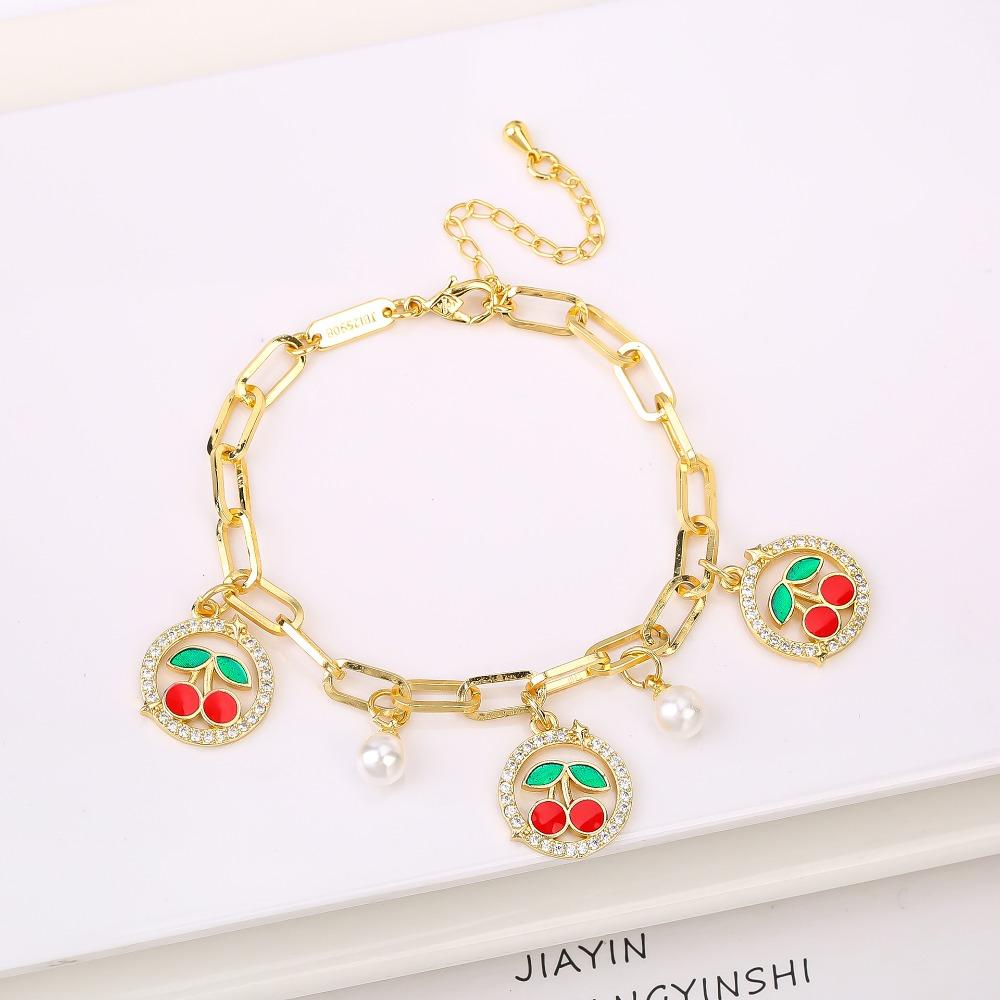 Fruit Cherry Charm Bracelet Gold Plated Metal Bracelet New Design Cherry Pearl Bracelet  Party