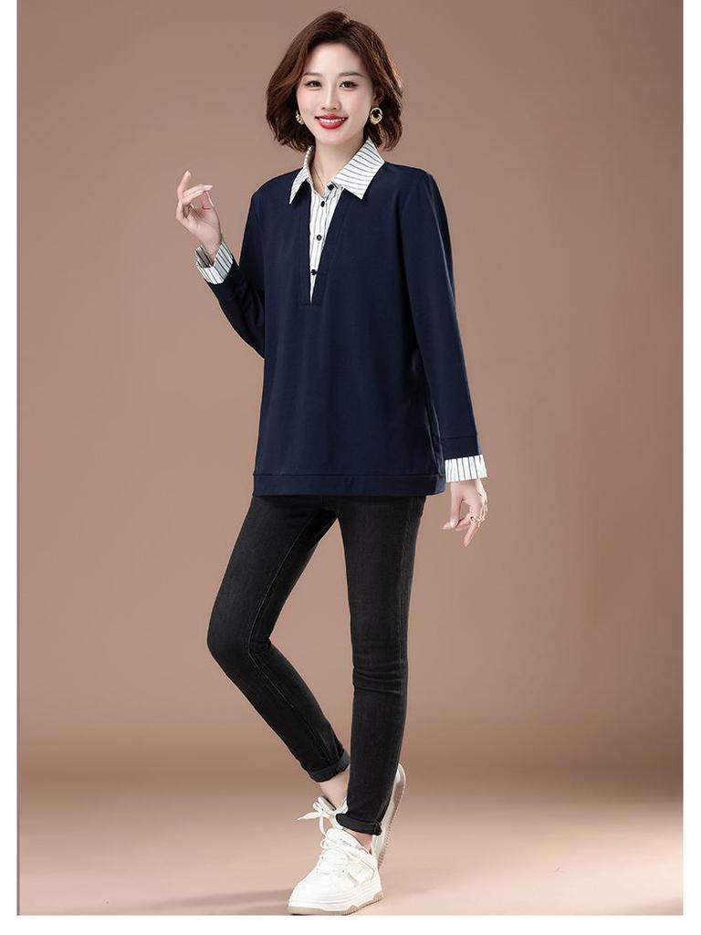 Plus Size Pure Cotton Polo Shirt - Early Autumn Long-Sleeve with Turn-Down Collar for Middle-Aged Women