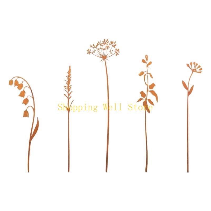 

KX4B Decorative Iron Art Garden Stake Weather Resistant Rusty Fern Plant Stake 5PCS