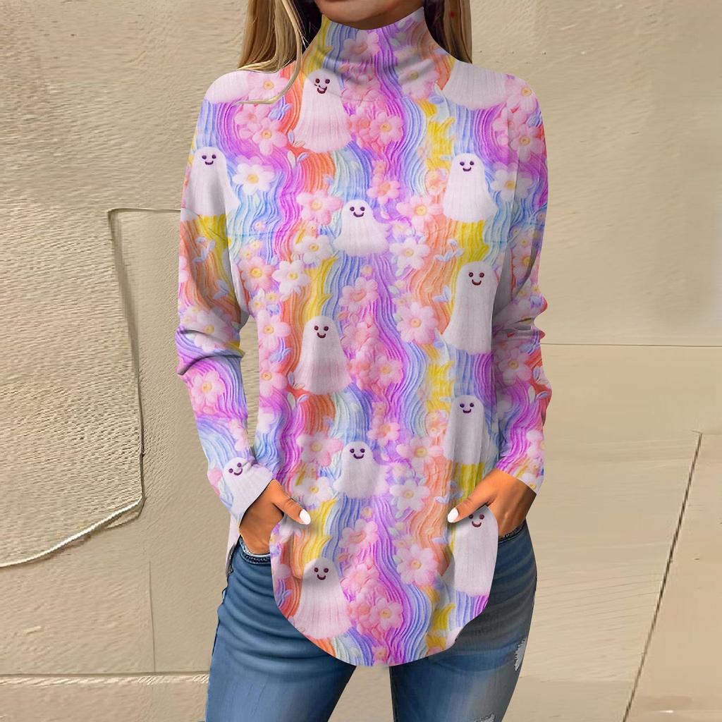 Dam Lös Höghalsad Tryckt Långärmad T-shirt Topp Pullover För Halloween