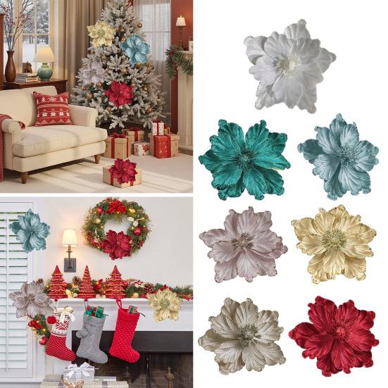Artificial Christmas Flowers Large Glitter Magnolia Decoration Sparkling Xmas Tree Ornaments Wreath Garland Home Party Decor DIY Crafts