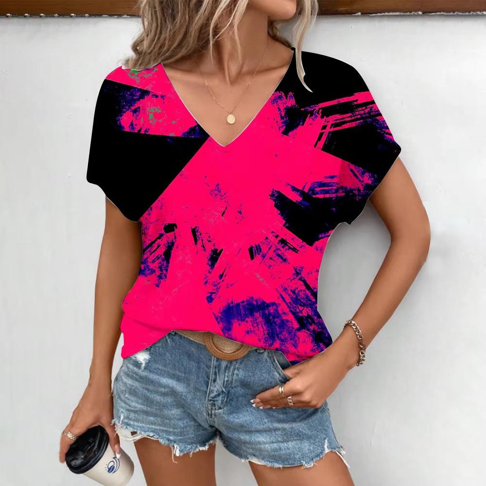 Summer V-neck 3D Color Splashed Ink Printed Top Fashionable Casual Short Sleeved Women's T-shirts
