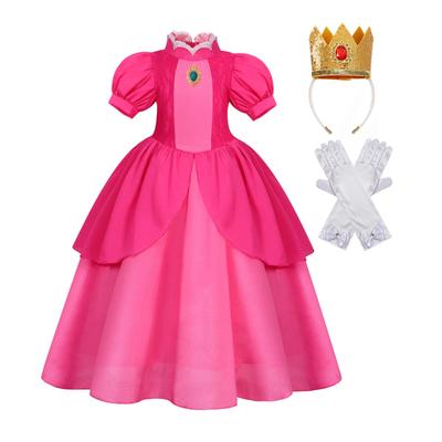 Set Rochie Prințesă Piersică Poliester Carnaval Crăciun Halloween cu Mănuși Coroană Roz 110 cm