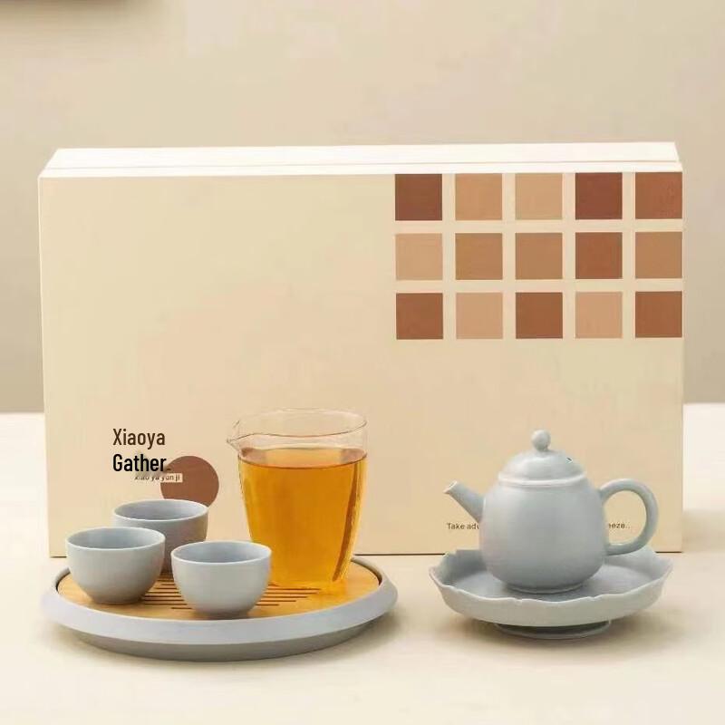 Cream Style Kung Fu Tea Set with Warmer and Tray - Small Elegant Pot (7-Piece)
