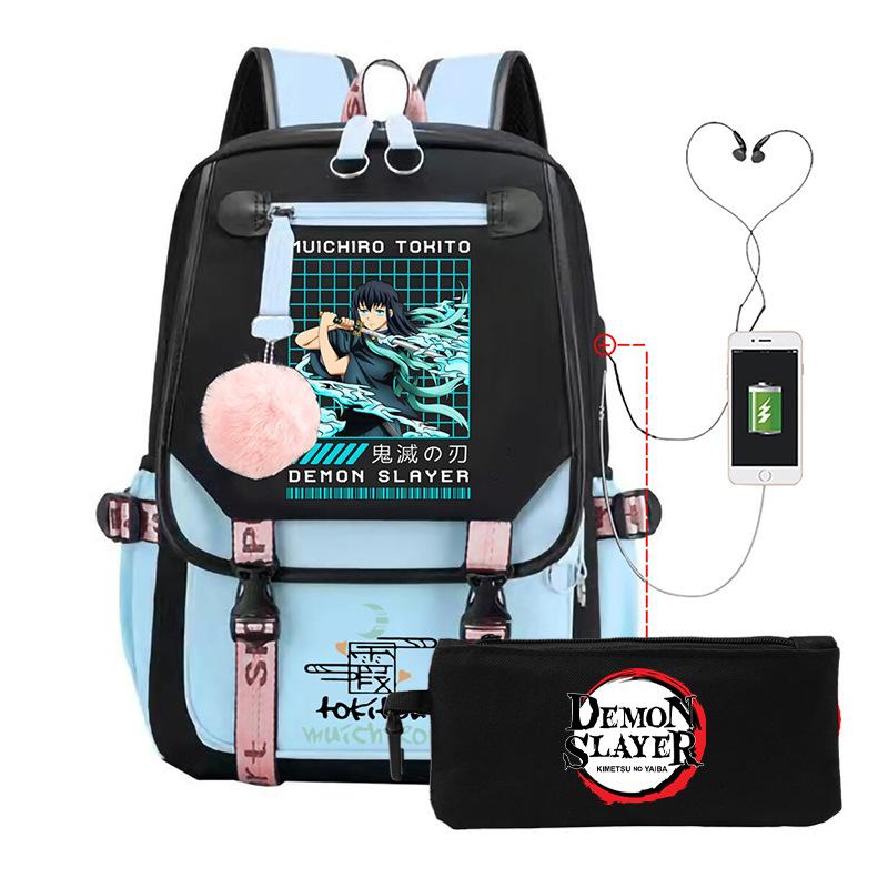 Two-dimensional peripheral day man ghost extinguishing backpack pencil bag large capacity student leisure schoolbag with USB port