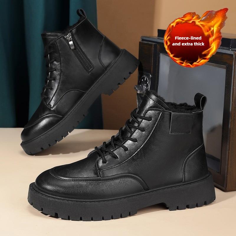 Winter High Top Warm Men's Leather Boots Black Velvet Anti Slip Thick Ankle Boots Thick Soled Wear-resistant Short Boots
