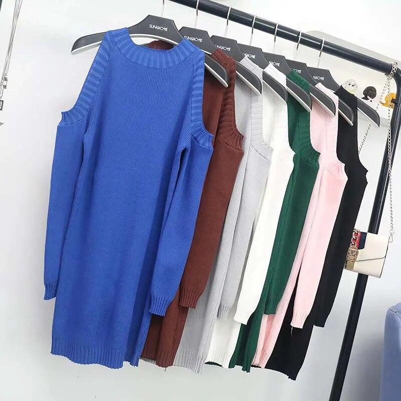Schulterfreies, langärmliges Strickkleid für Damen, sexy und eng anliegender Strickpullover, Hüftwickel-Unterziehpullover, ausgehöhlt, mittellang