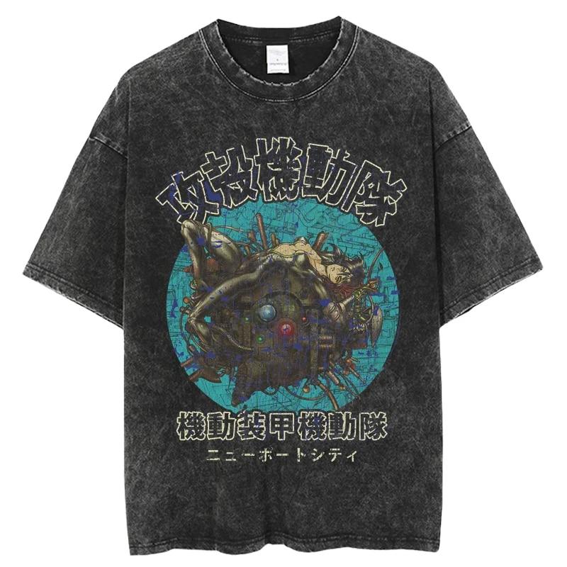 Modisches Ghost in the Shell Anime-T-Shirt mit verwaschenem O-Ausschnitt und kurzen Ärmeln für Damen, Schwarz, übergroß, lässig, Hip-Hop-Top