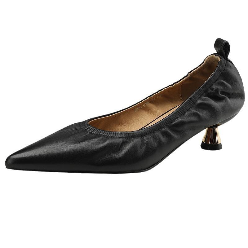 Pointed cat heel single shoes women's summer soft leather shallow mouth middle heel commuter professional work high heels spring and autumn 2025 new