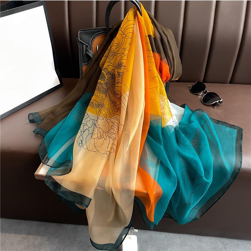 Flower Color Matching Scarf Women's Large Size Fashion Simulation Silk Commuting Sunscreen Light Luxury Silk Scarf Large Shawl Soft Yarn Scarf