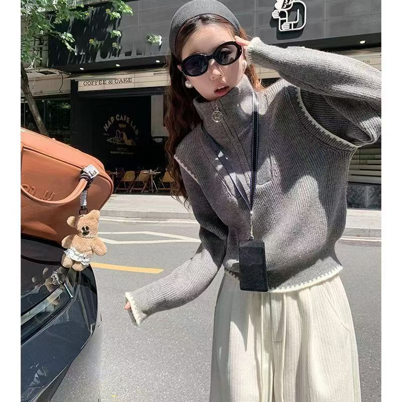 Design Simple Grey Zipper High Neck Sweater Women's Autumn/Winter New Loose Knitted Sweater Korean Version Top Women's Trendy