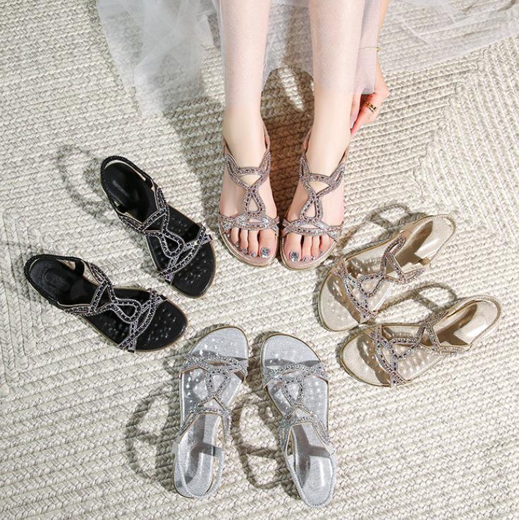 Women Sandals Flat Fashion Rhinestone Summer Sandals Shoes Solid Color Casual Summer Shoes Open-toed Wedge Shoes Woman