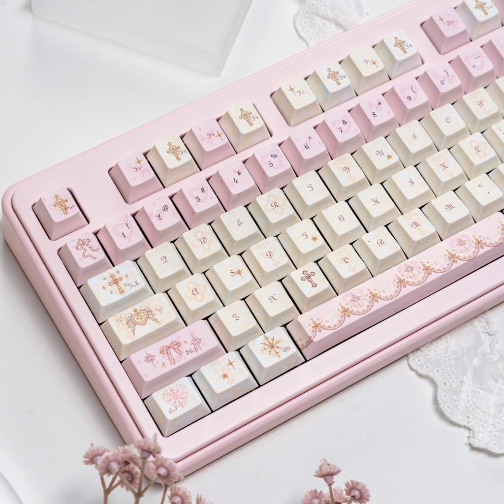 130 Keys Angel Lie Themed Five Sides Dye Sublimation PBT Keycaps Cherry Profile Cute Key Cap for MX Switches Mechanical Keyboard