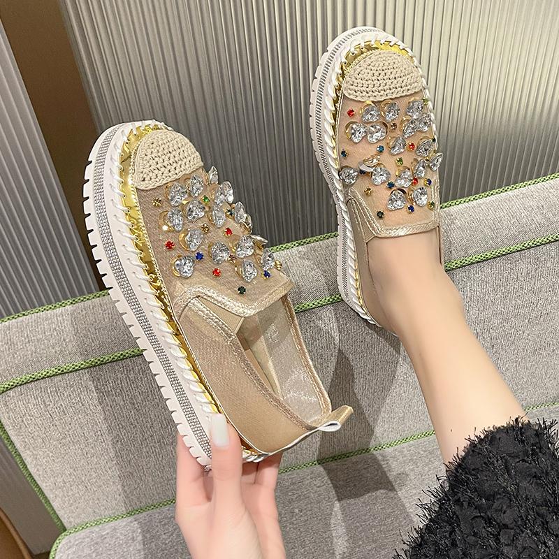 Women s Large Size Platform Slip-On Shoes Breathable Mesh Summer New Style Water Diamond Casual Shoes Rubber Bottom Mid Heel 35 золотой 6463₽