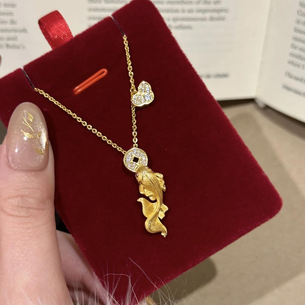 "There Are Fish Every Year" French Brushed Small Koi Copper Coin Necklace Retro New Chinese Exquisite Niche High-End Woman