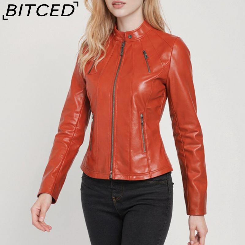 BITCED Autumn Slim-Fit Women's Leather Jacket Slim-Fit Outerwear Leather Clothing for Women