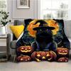 Halloween Black Cat and Pumpkin Print Flannel Throw Blanket Soft Warm Bed Sofa Cover, Cozy Decorative Fleece Bedspread for Holiday Home Decor